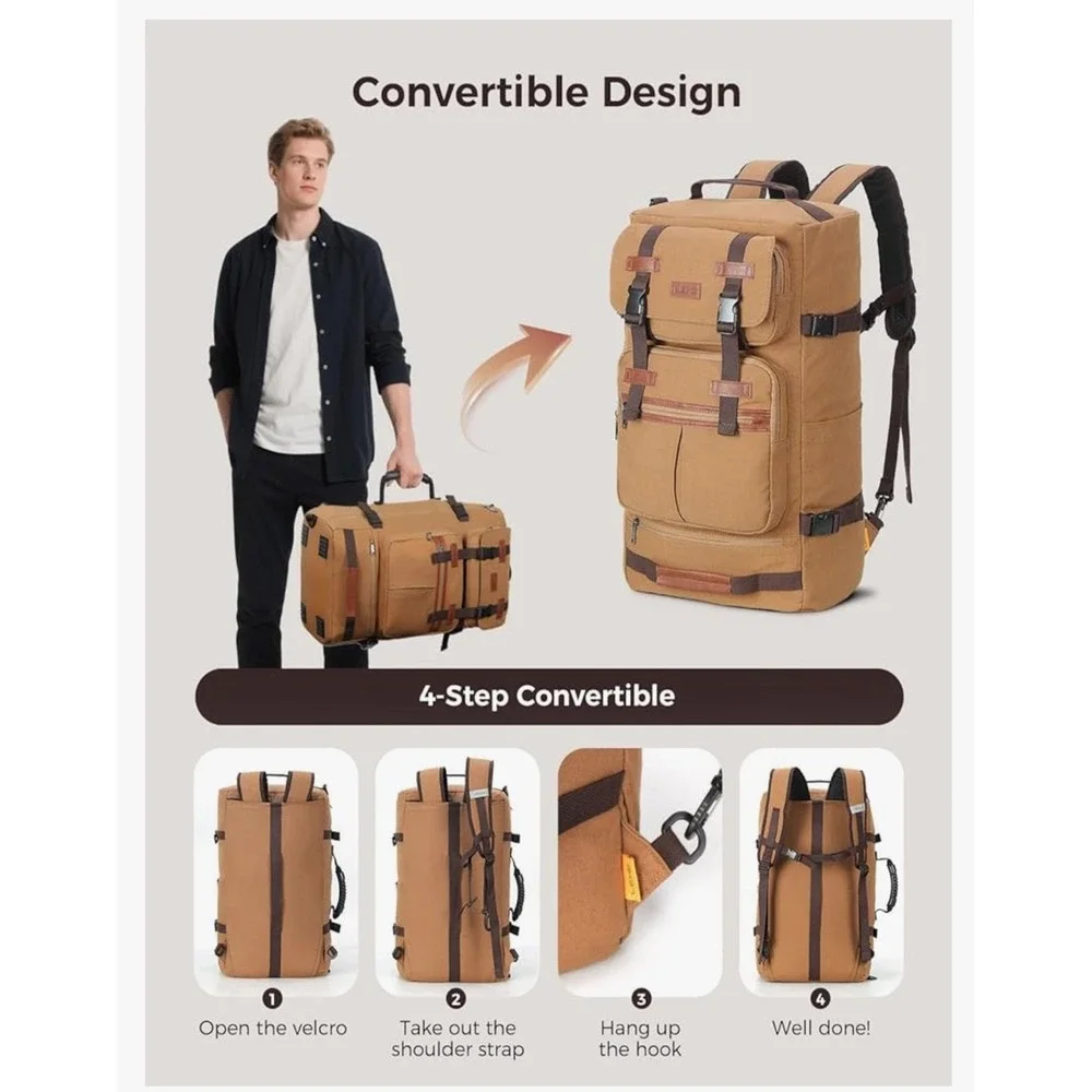 Leke 3-in-1 Convertible Travel Backpack‎ Khaki Canvas 17.3 Laptop Bag 21x14x8